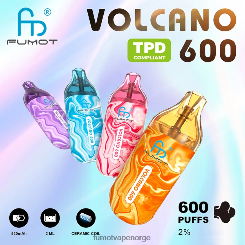 Fumot Flavours | Fumot Volcano 600 tpd-kompatibel engangsvape - 2ml (sett med 3 stk) jordbær vannmelon XH0864300